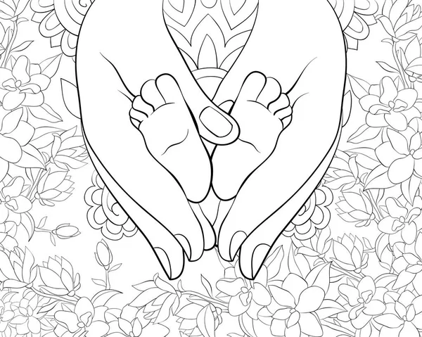 Two hands and two feet on the floral background image for relaxing activity.A coloring book,page for adults.Line art style illustration for print.Poster design.