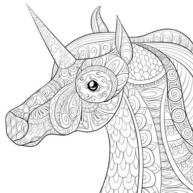 Etkinliği rahatlatmak için süslemeleri olan şirin bir unicorn. Bir boyama kitabı, yetişkinler için bir sayfa. Baskı için Zen sanat tarzı illüstrasyon. Poster tasarımı.