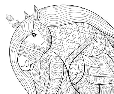 Etkinliği rahatlatmak için süslemeleri olan şirin bir unicorn. Bir boyama kitabı, yetişkinler için bir sayfa. Baskı için Zen sanat tarzı illüstrasyon. Poster tasarımı.
