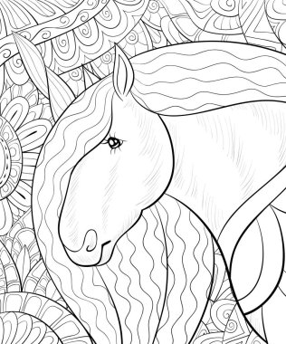 Etkinliği rahatlatmak için soyut çiçek arkaplan resmi üzerinde şirin bir unicorn. Bir boyama kitabı, yetişkinler için bir sayfa. Baskı için Zen sanat tarzı illüstrasyon. Poster tasarımı.