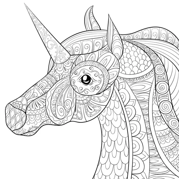 Etkinliği rahatlatmak için süslemeleri olan şirin bir unicorn. Bir boyama kitabı, yetişkinler için bir sayfa. Baskı için Zen sanat tarzı illüstrasyon. Poster tasarımı.