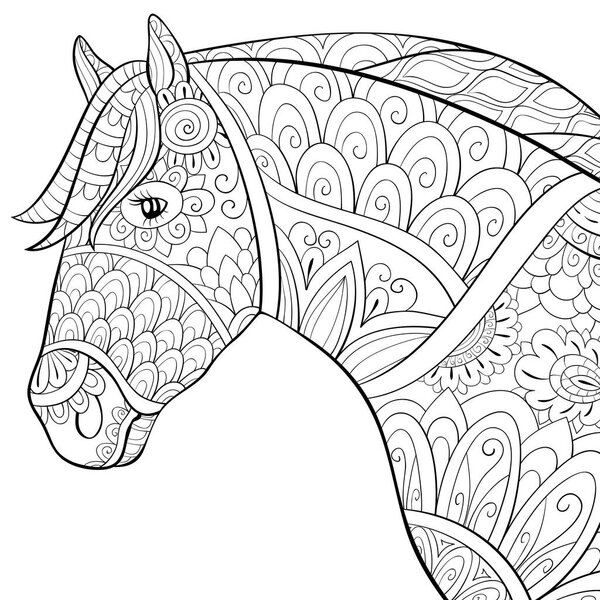 A cute horse with ornaments image for relaxing activity.A coloring book, page for adults.Zen art style illustration for print.Poster design.