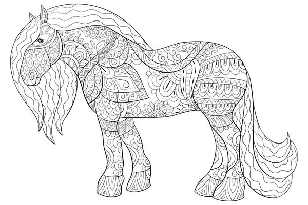 A cute horse with ornaments image for relaxing activity.A coloring book, page for adults.Zen art style illustration for print.Poster design.