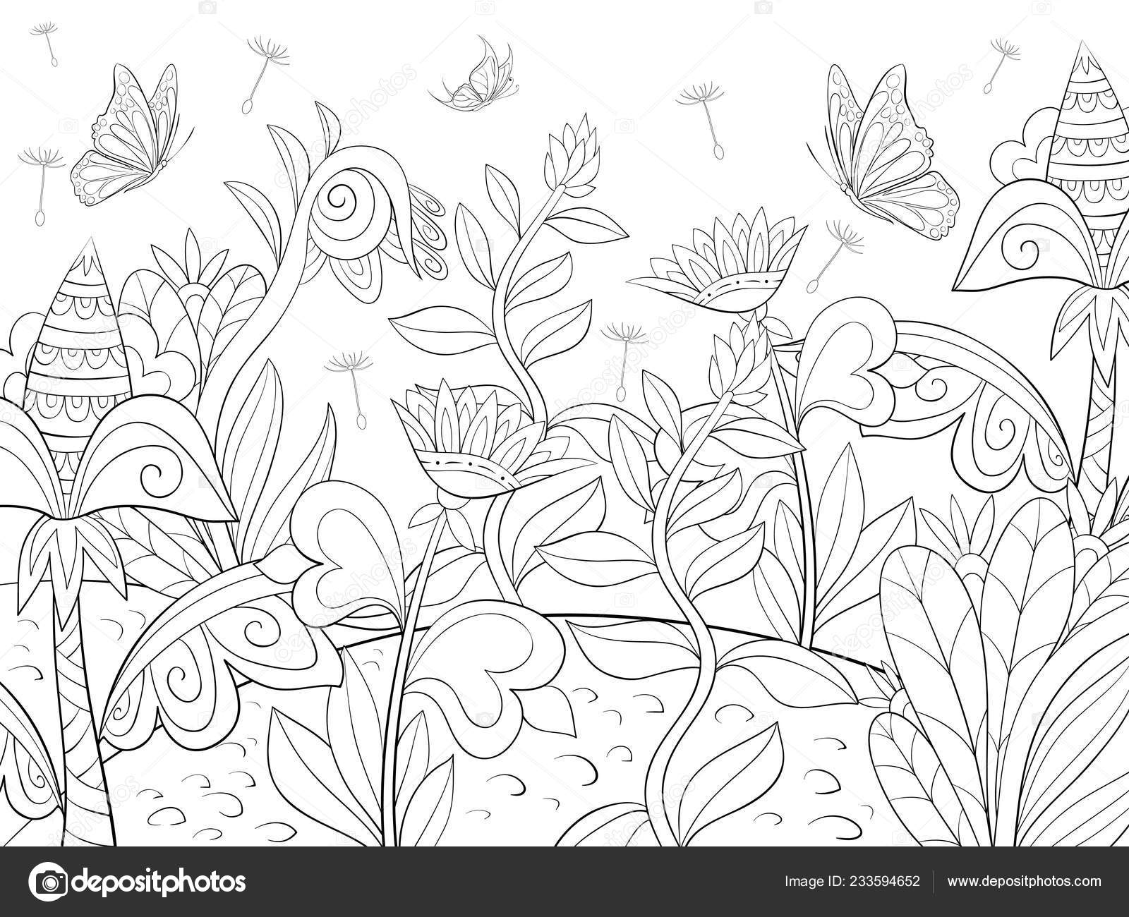 Download Abstract Landscape Butterflies Flowers Image Relaxing Activity Coloring Book Page Vector Image By C Nonuzza Vector Stock 233594652