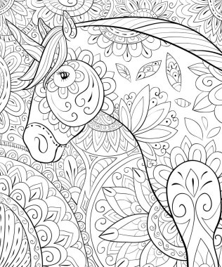 Etkinliği rahatlatmak için soyut çiçek arkaplan resmi üzerinde şirin bir unicorn. Bir boyama kitabı, yetişkinler için bir sayfa. Baskı için Zen sanat tarzı illüstrasyon. Poster tasarımı.