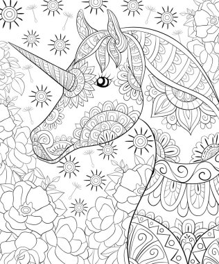 Etkinliği rahatlatmak için soyut çiçek arkaplan resmi üzerinde şirin bir unicorn. Bir boyama kitabı, yetişkinler için bir sayfa. Baskı için Zen sanat tarzı illüstrasyon. Poster tasarımı.