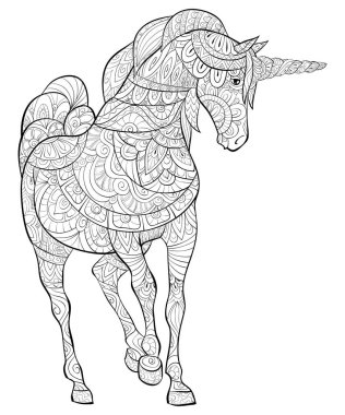 Etkinliği rahatlatmak için süslemeleri olan şirin bir unicorn. Bir boyama kitabı, yetişkinler için bir sayfa. Baskı için Zen sanat tarzı illüstrasyon. Poster tasarımı.