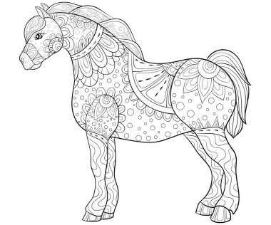 Etkinliği rahatlatmak için süslemeleri olan şirin bir unicorn. Bir boyama kitabı, yetişkinler için bir sayfa. Baskı için Zen sanat tarzı illüstrasyon. Poster tasarımı.