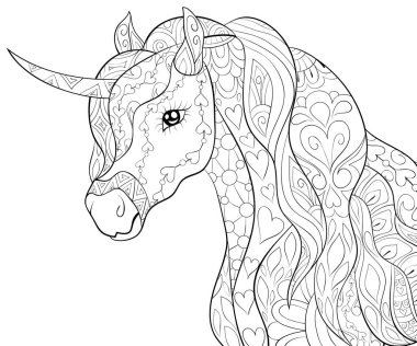 Etkinliği rahatlatmak için süslemeleri olan şirin bir unicorn. Bir boyama kitabı, yetişkinler için bir sayfa. Baskı için Zen sanat tarzı illüstrasyon. Poster tasarımı.