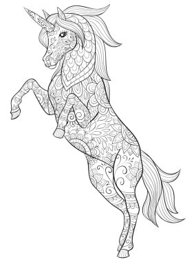 Etkinliği rahatlatmak için süslemeleri olan şirin bir unicorn. Bir boyama kitabı, yetişkinler için bir sayfa. Baskı için Zen sanat tarzı illüstrasyon. Poster tasarımı.