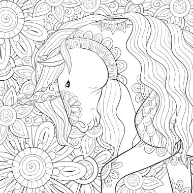 Etkinliği rahatlatmak için soyut çiçek arkaplan resmi üzerinde şirin bir unicorn. Bir boyama kitabı, yetişkinler için bir sayfa. Baskı için Zen sanat tarzı illüstrasyon. Poster tasarımı.