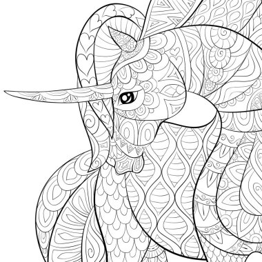 Etkinliği rahatlatmak için soyut çiçek arkaplan resmi üzerinde şirin bir unicorn. Bir boyama kitabı, yetişkinler için bir sayfa. Baskı için Zen sanat tarzı illüstrasyon. Poster tasarımı.