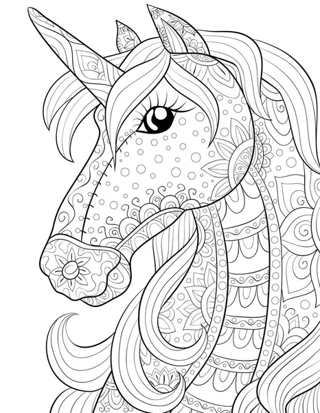 Etkinliği rahatlatmak için süslemeleri olan şirin bir unicorn. Bir boyama kitabı, yetişkinler için bir sayfa. Baskı için Zen sanat tarzı illüstrasyon. Poster tasarımı.