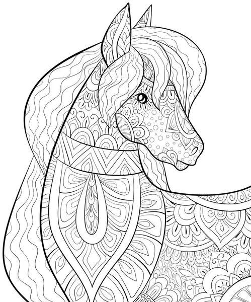 Cute Horse Ornaments Image Relaxing Activity Coloring Book Page Adults — стоковый вектор