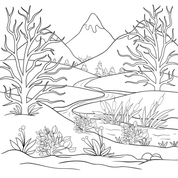 Krajobraz Gór Drzew Rzeki Kwiatów Obrazu Dla Relaksującej Działalności Kolorowanka — Wektor stockowy