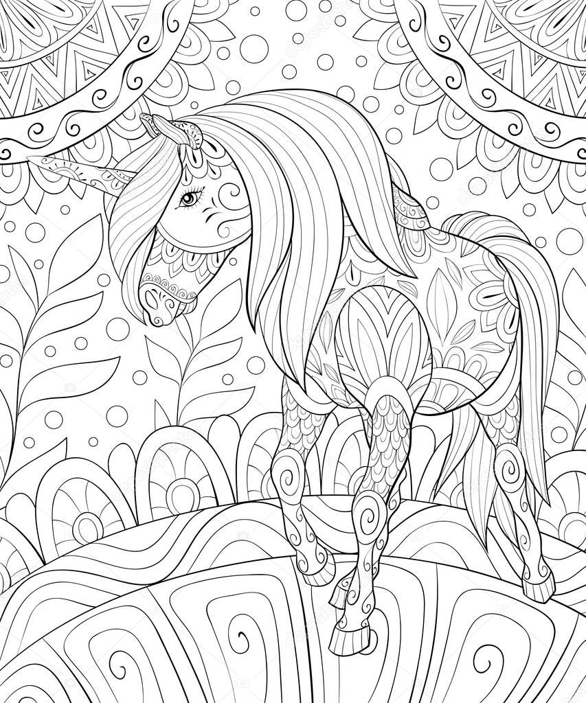 A cute unicorn on the abstract floral background image for relaxing activity.A coloring book,page for adults.Zen art style illustration for print.Poster design.
