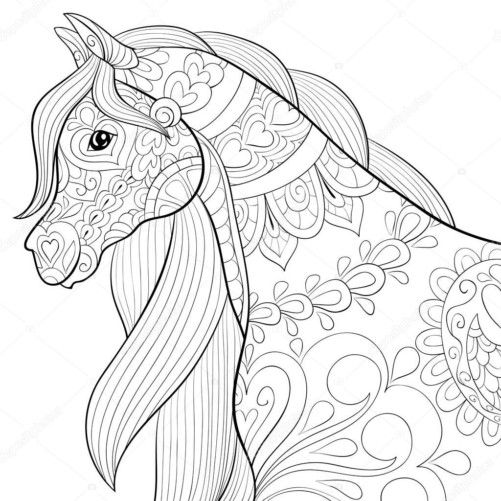 A cute horse with ornaments image for relaxing activity.A coloring book,page for adults.Zen art style illustration for print.Poster design.