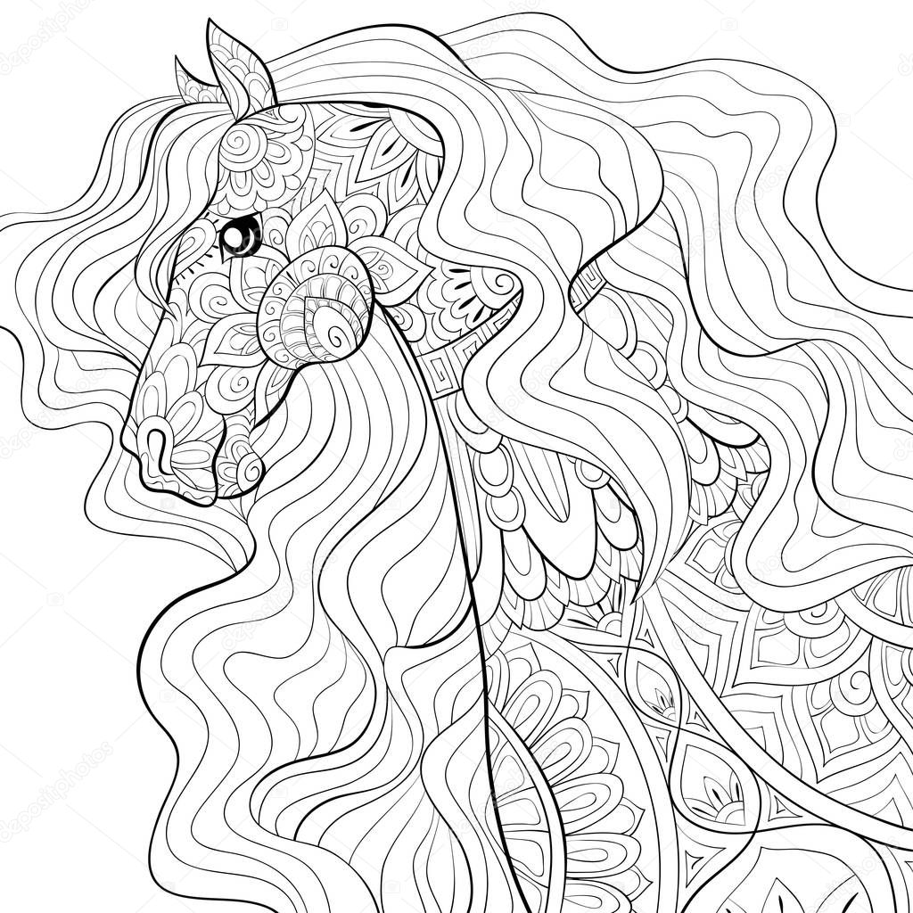 A cute horse with ornaments  image for relaxing activity.A coloring book,page for adults.Zen art style illustration for print.Poster design.