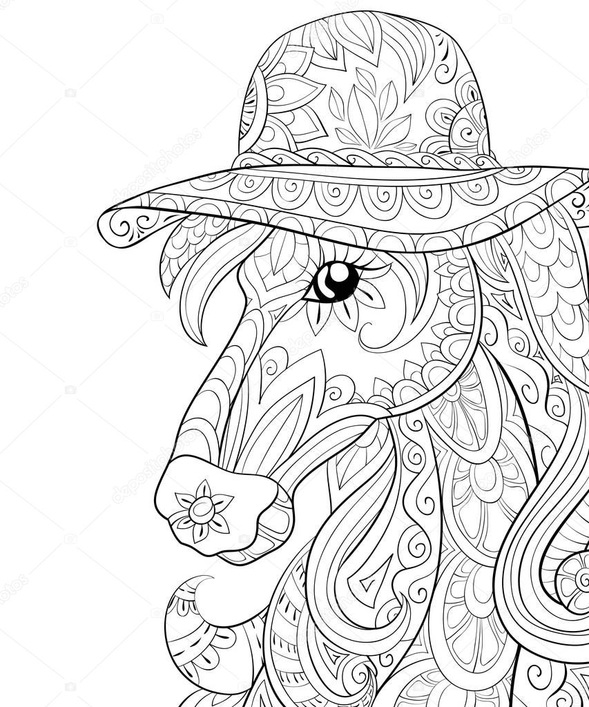 A cute horse wearing a hat image for relaxing activity.A coloring book,page for adults and children.Line art style illustration for print.Poster design.