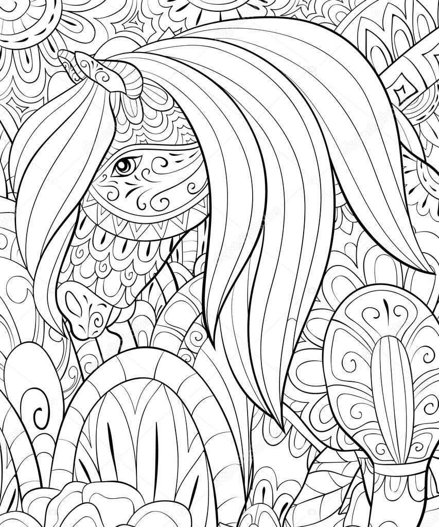 A cute horse  on the abstract floral background image for relaxing activity.A coloring book,page for adults.Zen art style illustration for print.Poster design.