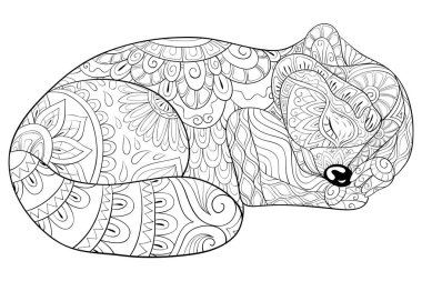 A cute sleeping ratton with ornaments  image for relaxing activity.A coloring book,page for adults.Zen art style illustration for print.Poster design. clipart