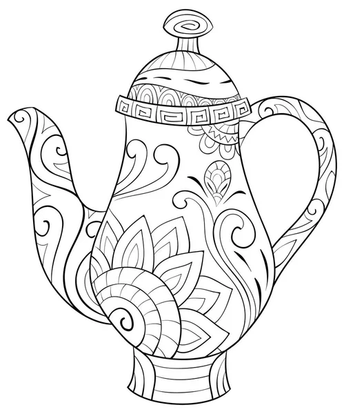 Cute Kettle Ornaments Image Relaxing Activity Coloring Book Page Adults — стоковый вектор