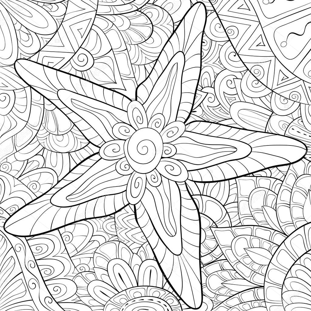 A cute starfish  on the abstract background with ornaments image for relaxing activity.A coloring book,page for adults.Zen art style illustration for print.Poster design.