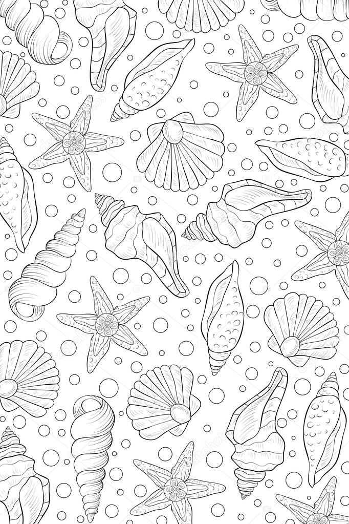 A cute abstract background with shells image for relaxing activity.A coloring book,page for adults.Zen art style illustration for print.Poster design.
