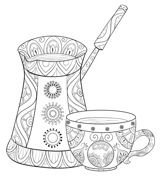 Cute Kettle Cup Coffee Ornaments Image Relaxing Activity Coloring Book — Stock Vector