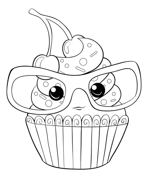 Cartoon Cute Cupcake Glasses Image Relaxing Activity Coloring Book Page — Stock Vector