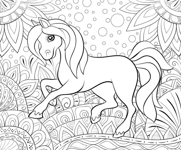 Roztomilý Malý Kůň Abstraktním Pozadí Ornamenty Obrázek Pro Relaxační Aktivitu — Stockový vektor