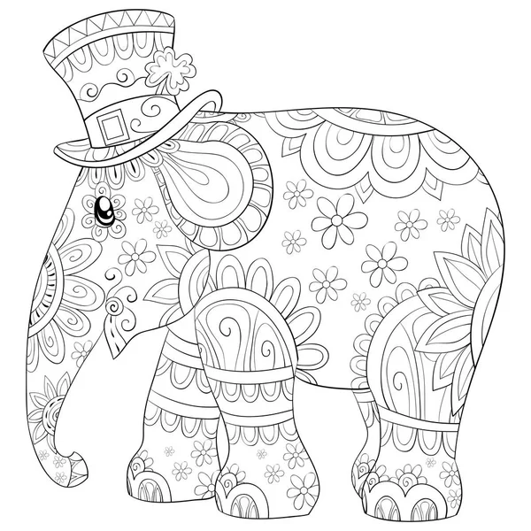 Cute Elephant Wearing Hat Ornaments Image Relaxing Activity Coloring Book — Stock Vector