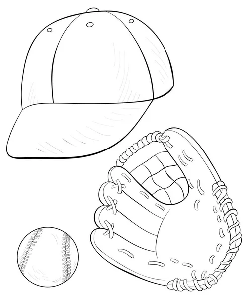 Cartoon Set Baseball Game Image Relaxing Activity Coloring Book Page — стоковый вектор