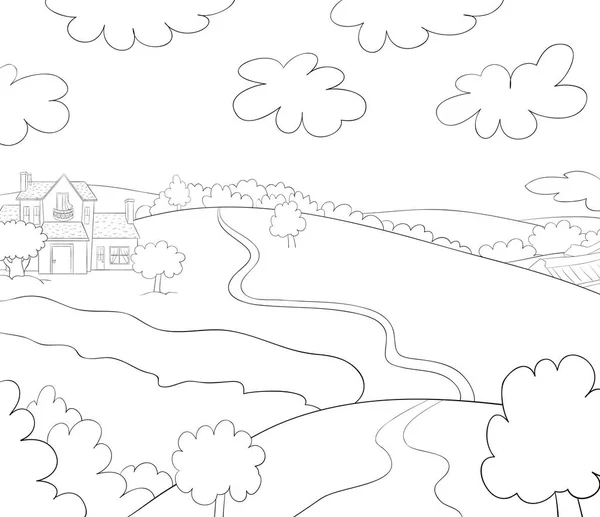 Мультиплікаційний Пейзаж Деревом Полями Хмарами Зображенням Будинків Розслаблюючої Діяльності Розмальовка — стоковий вектор