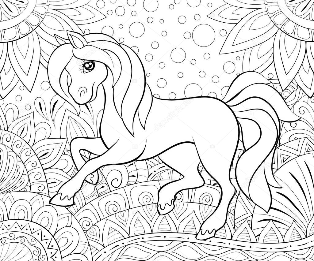 A cute little horse on the abstract background with ornaments  image for relaxing activity.A coloring book,page for children.Line art style illustration for print.Poster design.