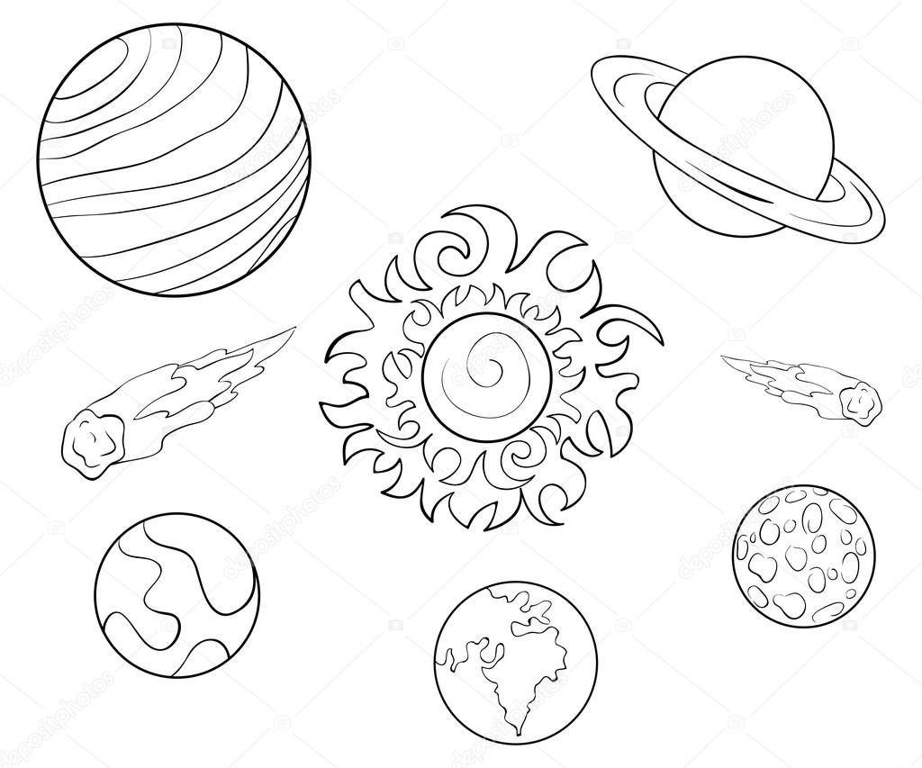 The planets  image for relaxing activity.A coloring book,page for children.Line art style illustration for print.Poster design.