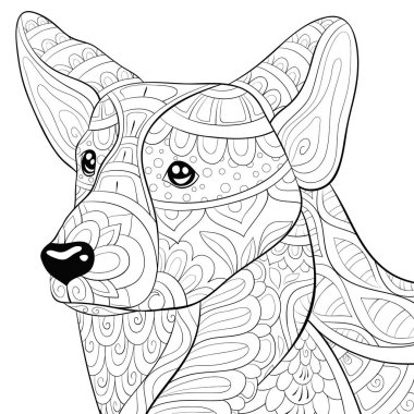 Etkinliği rahatlatmak için süslemeleri olan sevimli bir köpek. Bir boyama kitabı, yetişkinler ve çocuklar için bir sayfa. Baskı için çizgi sanat tasarımı. Poster tasarımı.