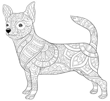 Etkinliği rahatlatmak için süslemeleri olan sevimli bir köpek. Bir boyama kitabı, yetişkinler için bir sayfa. Baskı için Zen sanat tarzı illüstrasyon. Poster tasarımı.