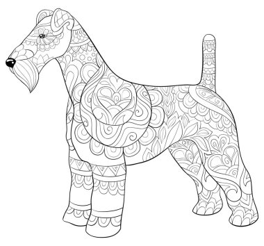 Etkinliği rahatlatmak için süslemeleri olan sevimli bir köpek. Bir boyama kitabı, yetişkinler için bir sayfa. Baskı için Zen sanat tarzı illüstrasyon. Poster tasarımı.