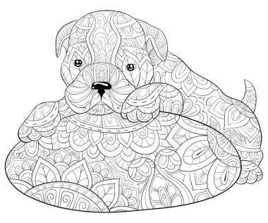 Aktivite için süslemeleri olan yastığın üzerinde sevimli bir köpek. Bir boyama kitabı, yetişkinler için bir sayfa. Baskı için Zen sanat tarzı illüstrasyon. Poster tasarımı..