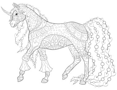 Etkinliği rahatlatmak için süslemeleri olan şirin bir unicorn. Bir boyama kitabı, yetişkinler için bir sayfa. Baskı için Zen sanat tarzı illüstrasyon. Poster tasarımı.