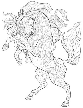 Etkinliği rahatlatmak için süslemeleri olan şirin bir unicorn. Bir boyama kitabı, yetişkinler için bir sayfa. Baskı için Zen sanat tarzı illüstrasyon. Poster tasarımı.