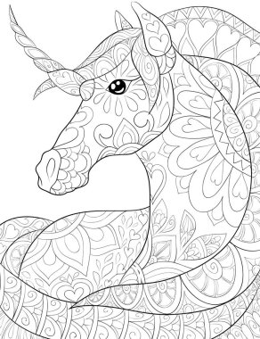 Etkinliği rahatlatmak için süslemeleri olan şirin bir unicorn. Bir boyama kitabı, yetişkinler için bir sayfa. Baskı için Zen sanat tarzı illüstrasyon. Poster tasarımı.