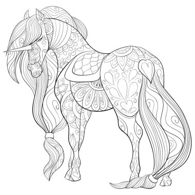 Etkinliği rahatlatmak için süslemeleri olan şirin bir unicorn. Bir boyama kitabı, yetişkinler için bir sayfa. Baskı için Zen sanat tarzı illüstrasyon. Poster tasarımı.