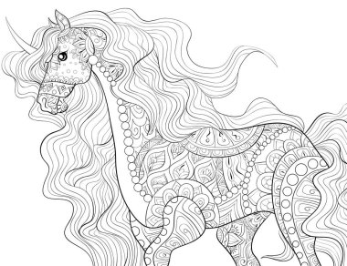 Etkinliği rahatlatmak için süslemeleri olan şirin bir unicorn. Bir boyama kitabı, yetişkinler için bir sayfa. Baskı için Zen sanat tarzı illüstrasyon. Poster tasarımı.