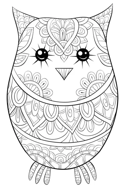 Cute Owl Ornaments Image Relaxing Activity Coloring Book Page Adults — стоковый вектор