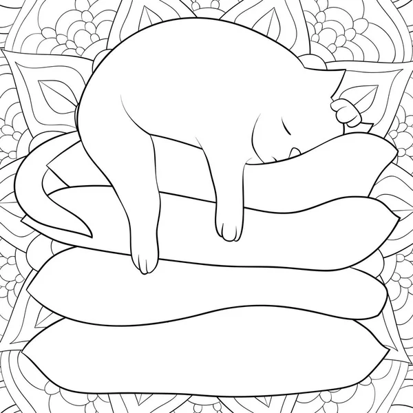 Een Schattige Slapende Kat Kussens Abstracte Achtergrond Met Ornamenten Afbeelding — Stockvector