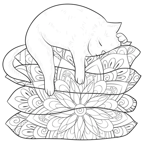一只可爱的睡猫躺在枕头上 上面有一些装饰图案 用来放松自己的活动 一本彩色的书 一页页上有许多通奸的内容 印刷用的Zen艺术风格插图 海报设计 — 图库矢量图片