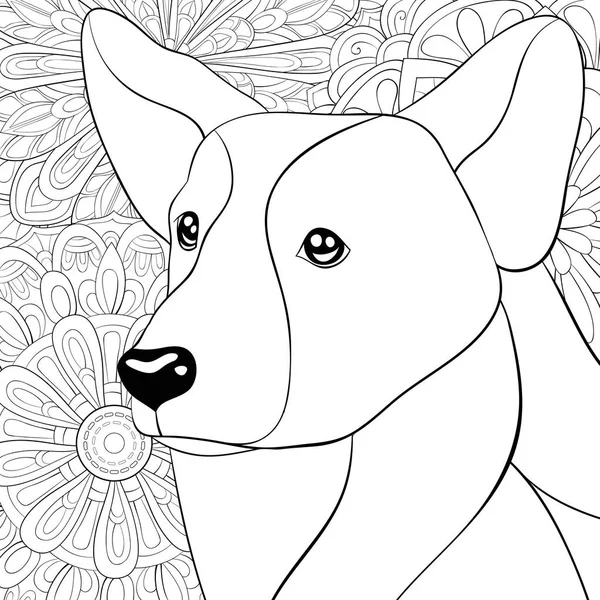 A cute dog on the abstract background with ornaments  image for relaxing activity.A coloring book,page for adults and children.Line art style illustration for print.Poster design.