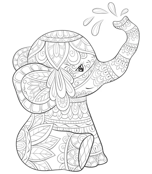 Söt Tecknad Elefant Med Ornament Bild För Avkopplande Aktivitet Målarbok — Stock vektor